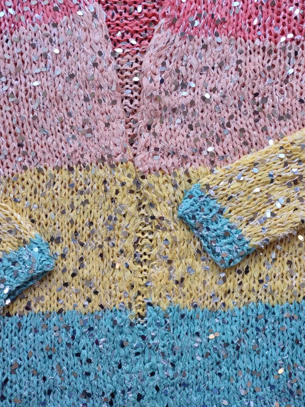 FARM Rio Brazil Sequin Cardigan Colorblock Stripe Boho *Flaws  Size G-Medium - Picture 8 of 16